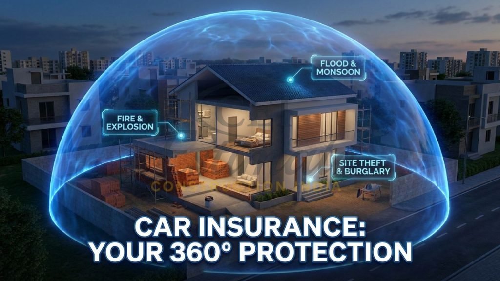 A 3D cutaway of a multi-story residential building site in Meerut protected by a translucent blue shield representing CAR insurance against fire, flood, and theft.
