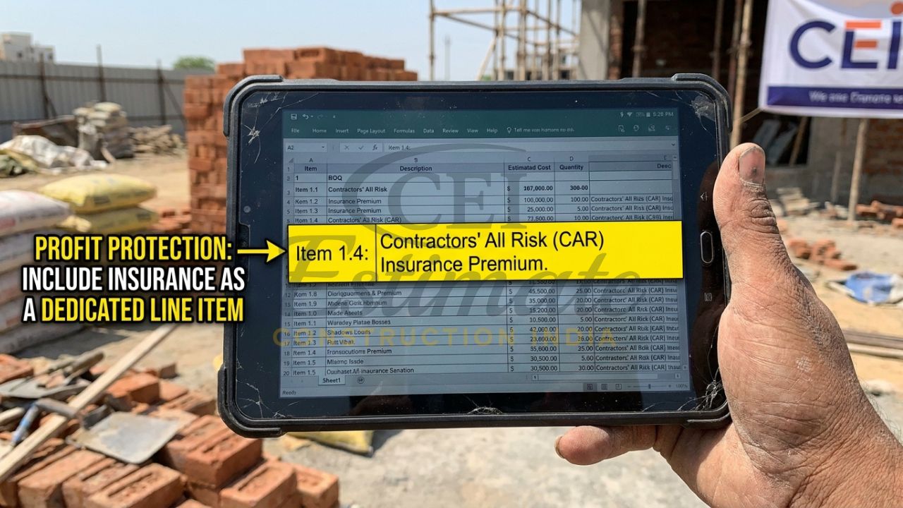 A close-up of a construction estimator’s hand holding a tablet on-site, showing a Bill of Quantities with a highlighted insurance line item.