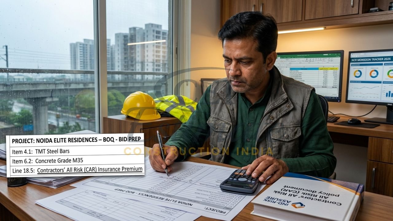 A professional Indian contractor in a Meerut office meticulously calculates insurance premiums on a Bill of Quantities (BOQ) document for a premium Delhi-NCR residential project, with a monsoon sky and high-rise construction visible through the window.