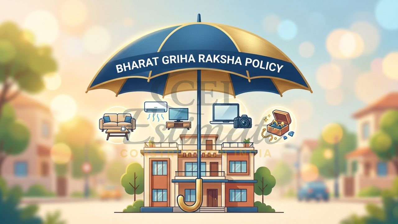 An infographic illustrating an umbrella labeled 'Bharat Griha Raksha' covering both a house structure and valuable home contents.