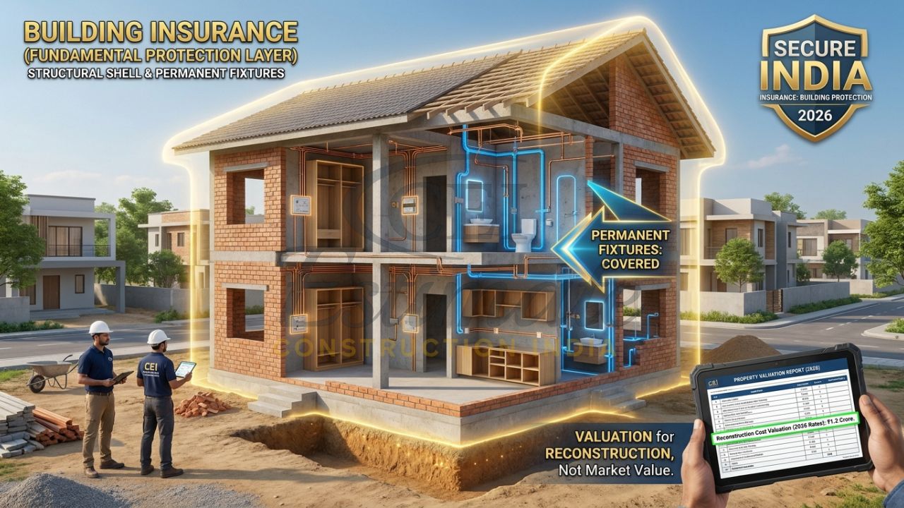 A cutaway diagram of an Indian villa showing building insurance coverage for foundation, walls, and permanent fixtures like plumbing and wiring.