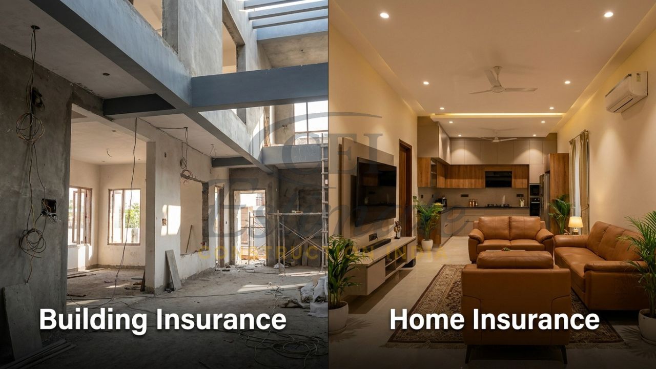 Split-screen visualization of building structure insurance versus comprehensive home insurance for Indian properties.