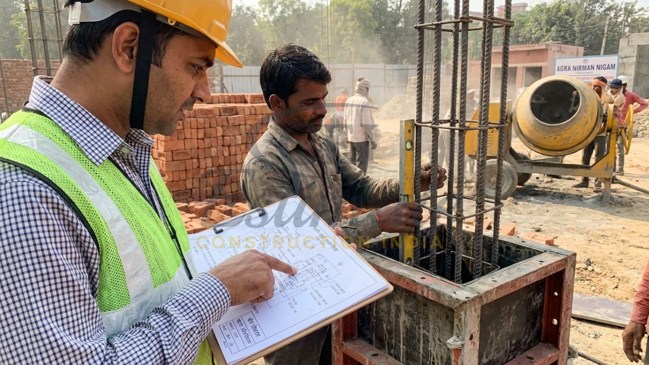 Civil contractor supervising structural RCC work and masonry on an individual house site.