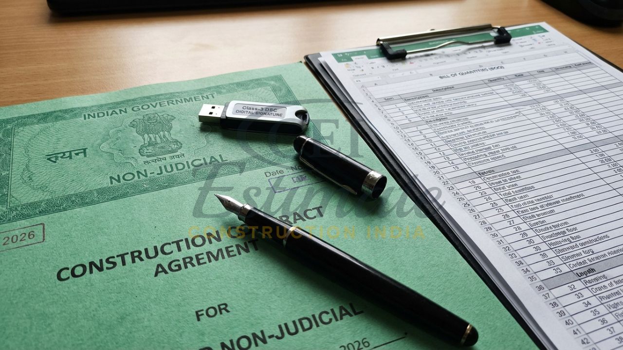 Construction contract agreement on stamp paper with a digital signature token for compliance.