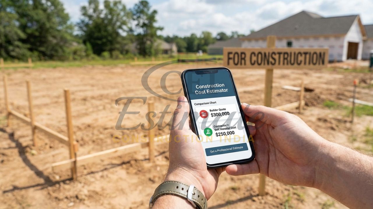 Homeowner comparing construction quotes between a builder and a contractor on a smartphone.