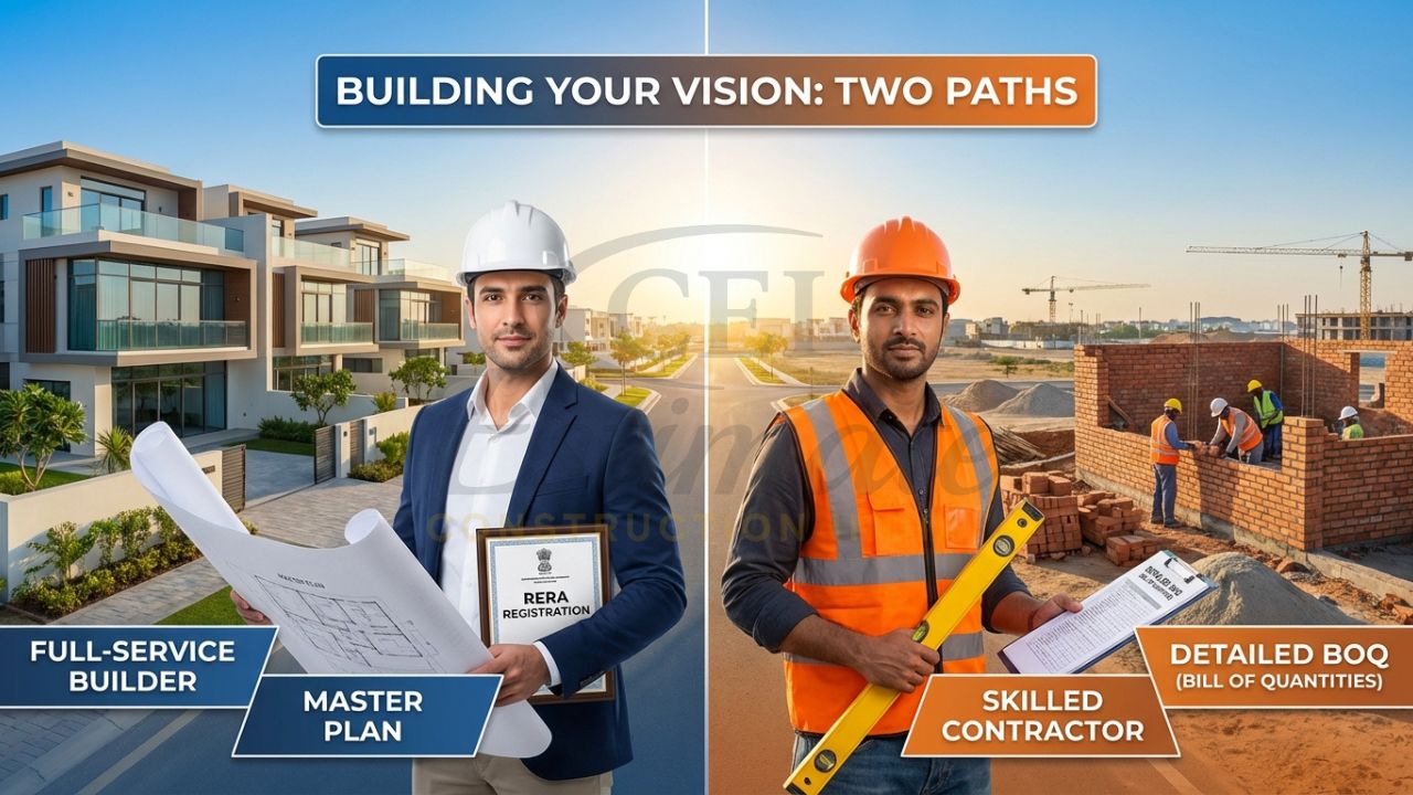 Comparison between a real estate builder and a civil contractor on an Indian construction site