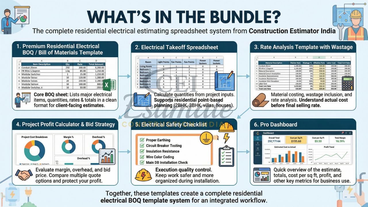 electrical estimation template bundle India with BOQ takeoff rate analysis profit calculator dashboard