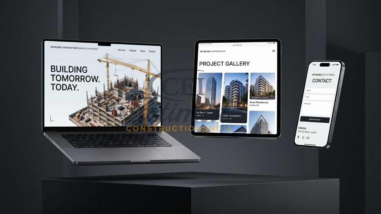 Construction company website design with project gallery portfolio and contact form displayed on laptop tablet and mobile