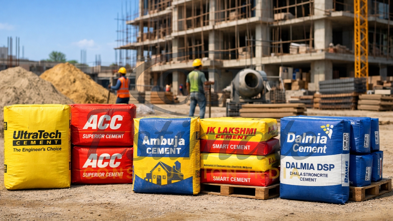 Leading cement brands in India stacked at active building construction site