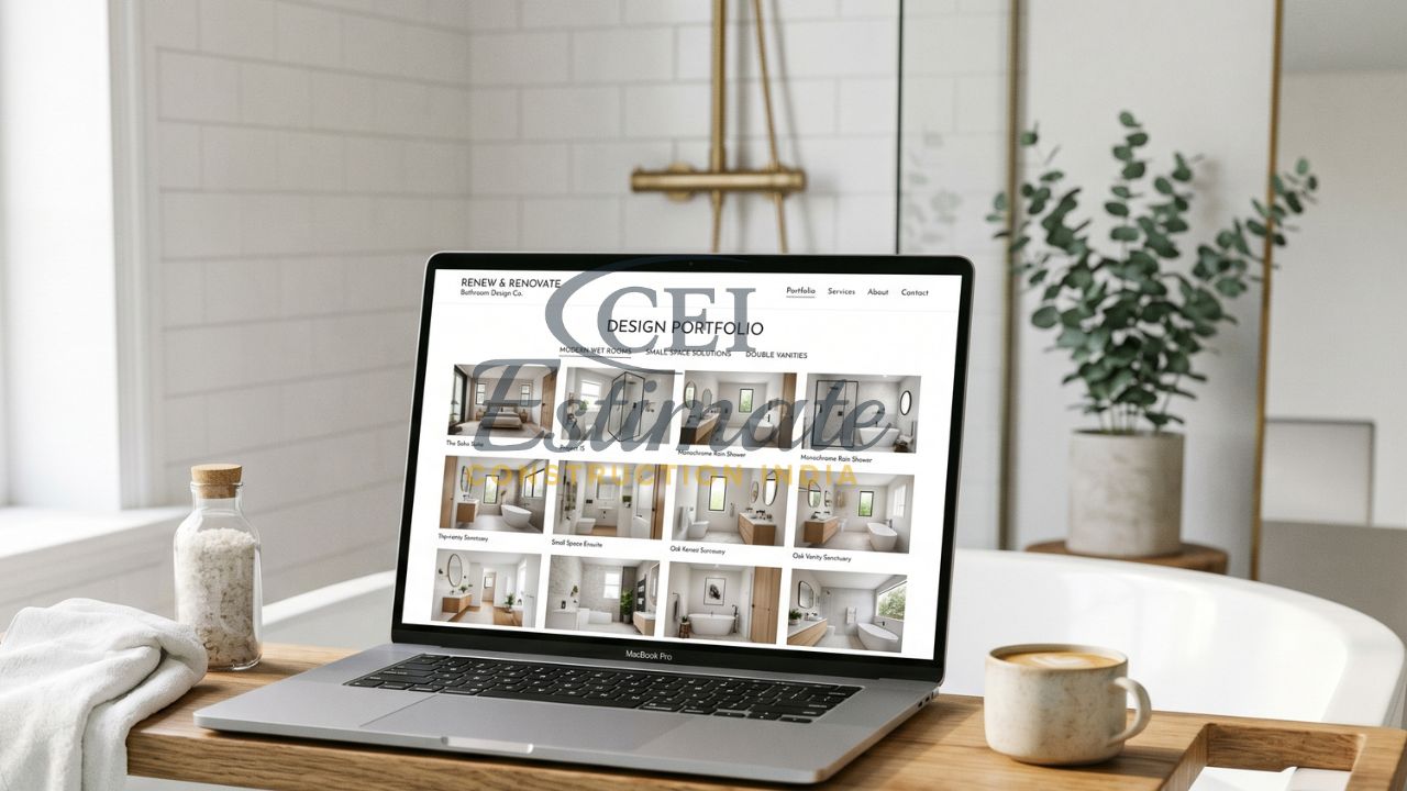 Bathroom design portfolio website displayed on laptop with multiple modern bathroom projects in clean layout