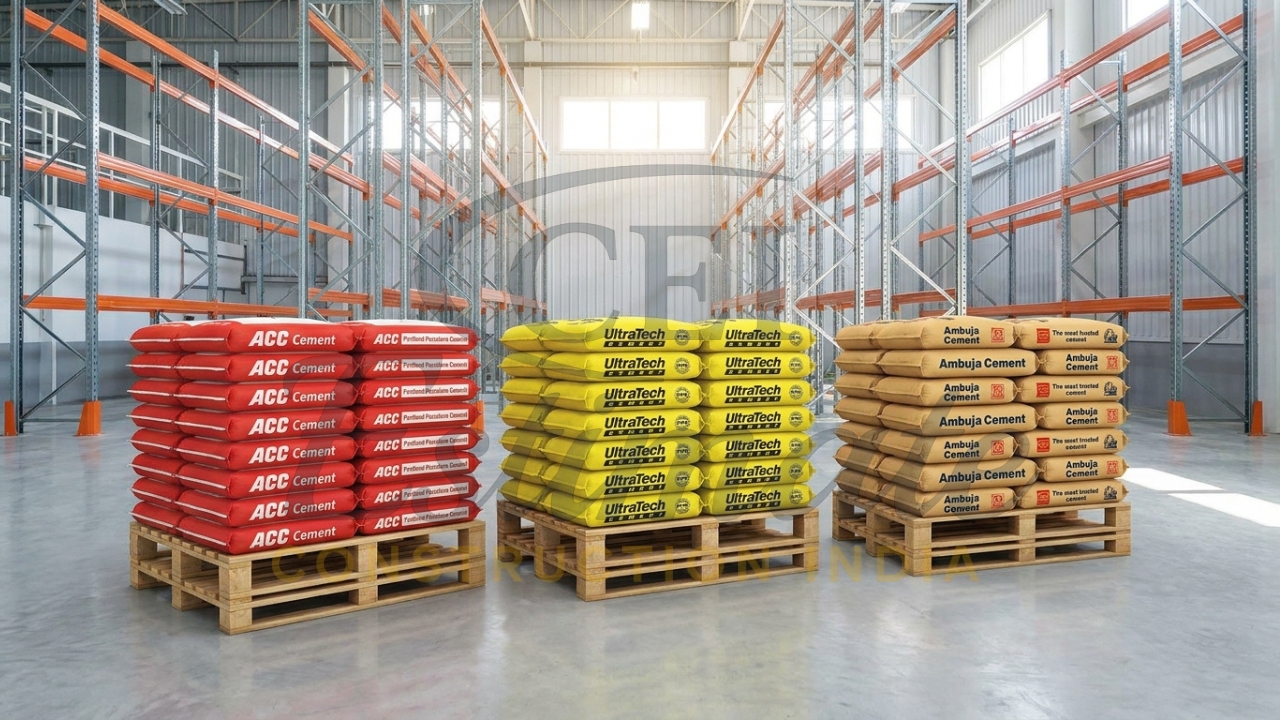 Cement bags storage with ACC, UltraTech, and Ambuja brands for construction use