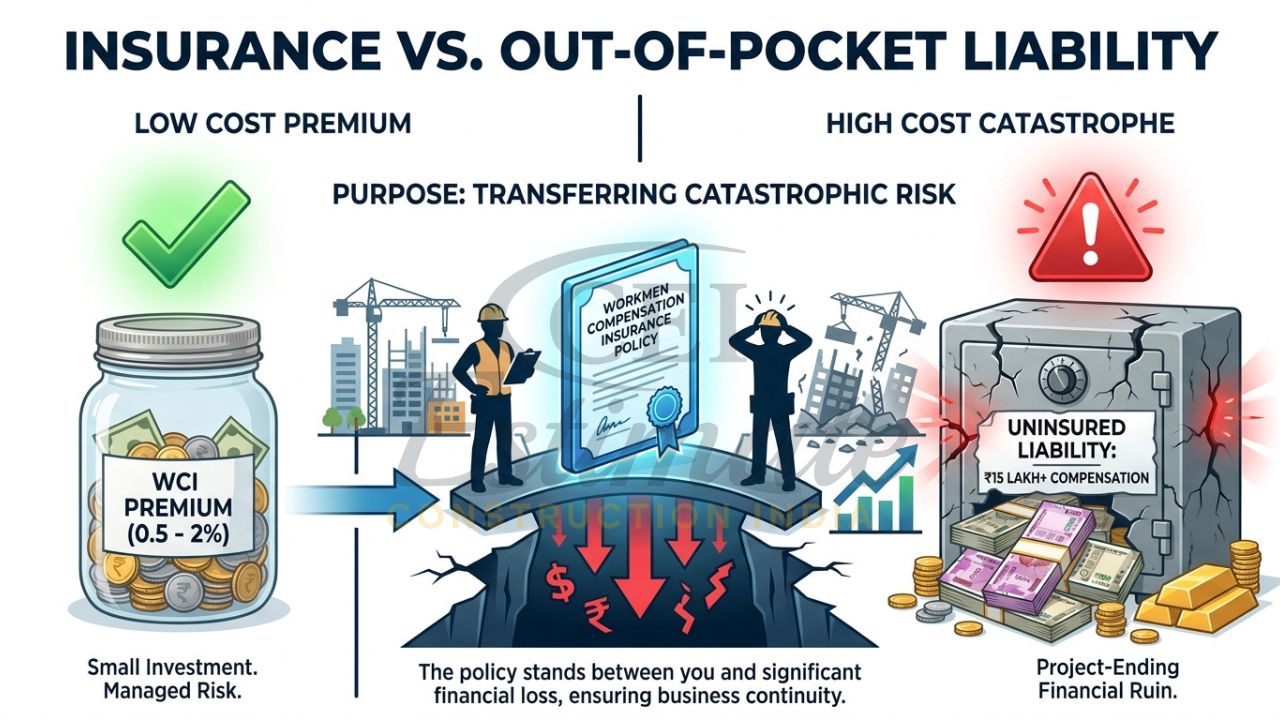 An infographic comparing the low cost of a Workmen Compensation premium with the high cost of a site accident payout in India.