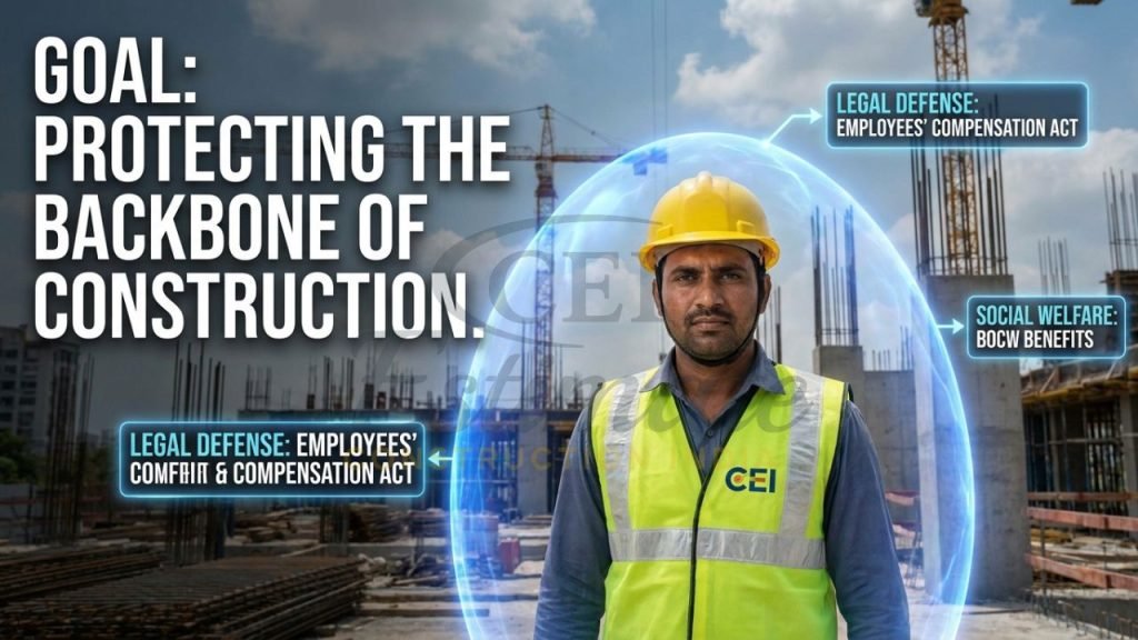 A professional visualization of an Indian construction worker in Meerut protected by a digital insurance shield, highlighting legal and financial security.