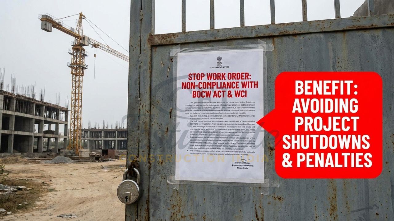 A "Stop Work" notice from the labor department on an Indian construction site due to insurance non-compliance.