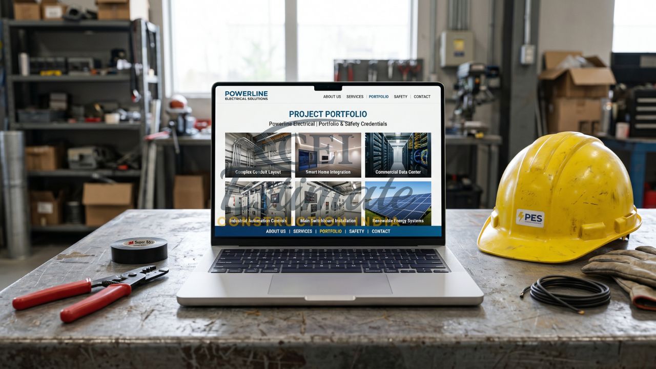 Electrical contractor portfolio website displaying industrial projects smart home integration and commercial electrical systems on laptop