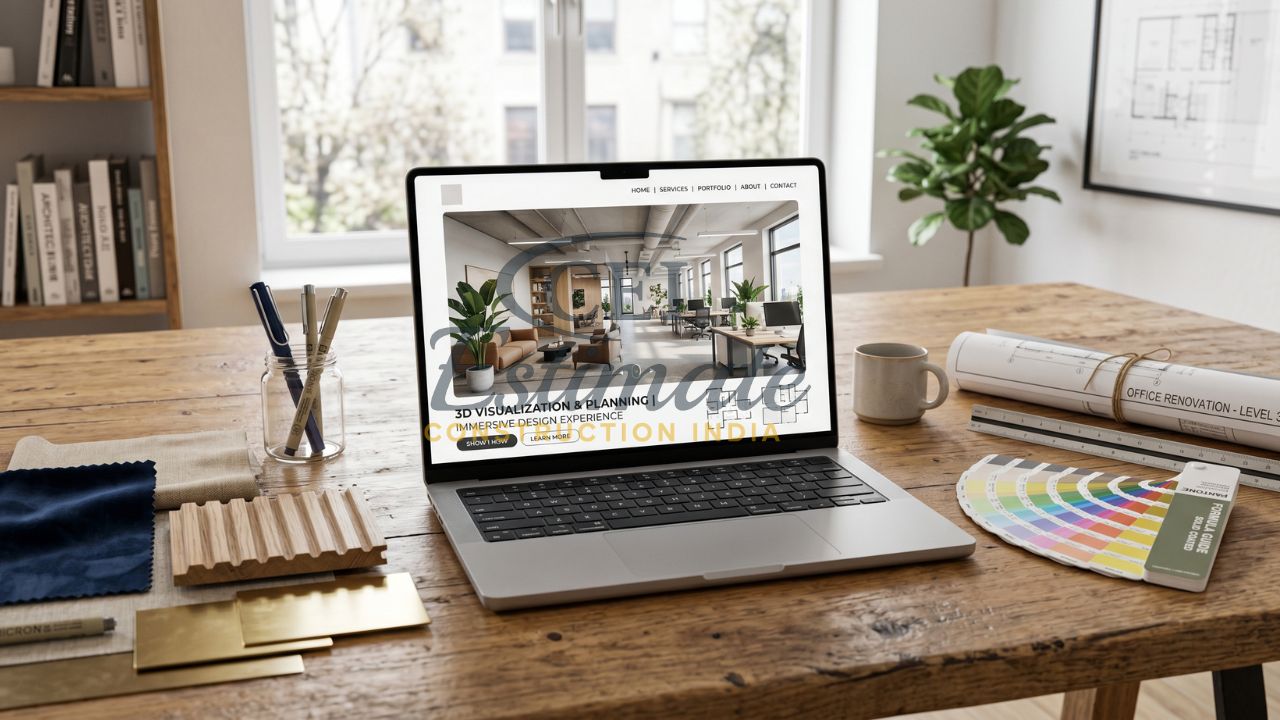 Interior design website showing 3D visualization and planning services on laptop with design tools and color palette