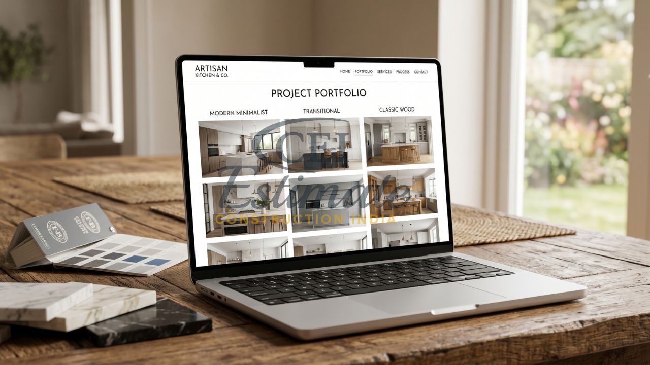 Kitchen remodeling portfolio website showing modern, transitional, and classic kitchen design projects on laptop