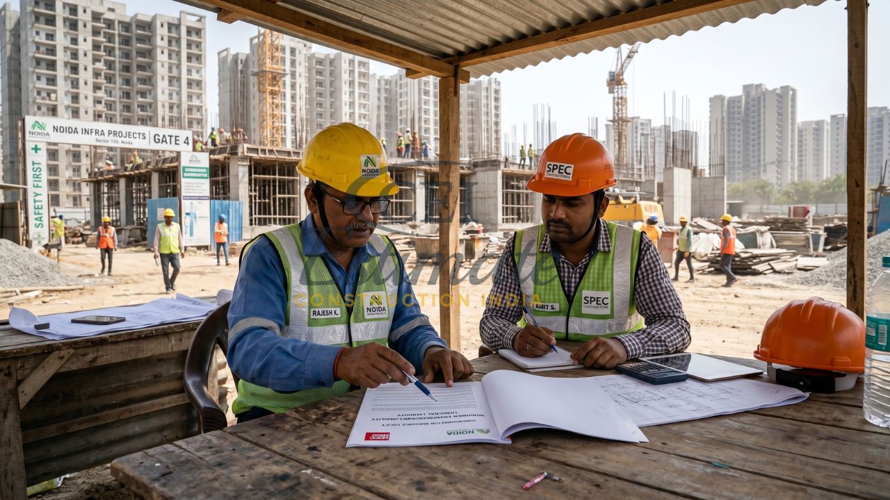 Construction contractors reviewing project documents and plans at site with workers and high-rise buildings in background India