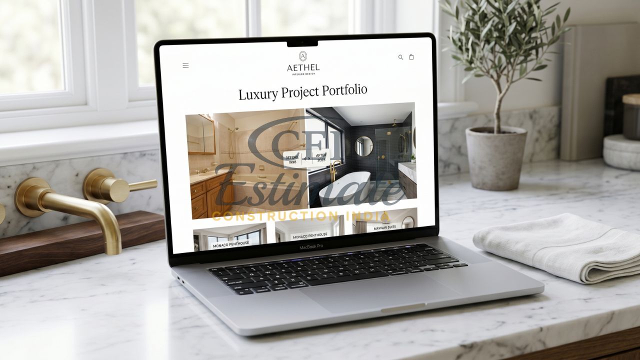 Luxury interior design website showing bathroom renovation portfolio with before after transformation