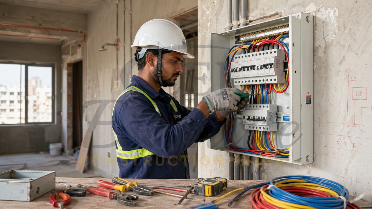 Electrician installing wiring in distribution board inside unfinished building.