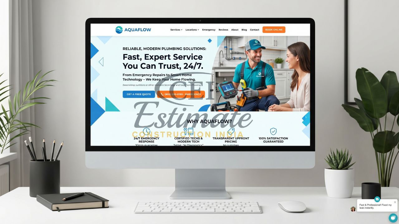Plumbing services website design showing emergency service CTA trusted plumber and modern responsive layout
