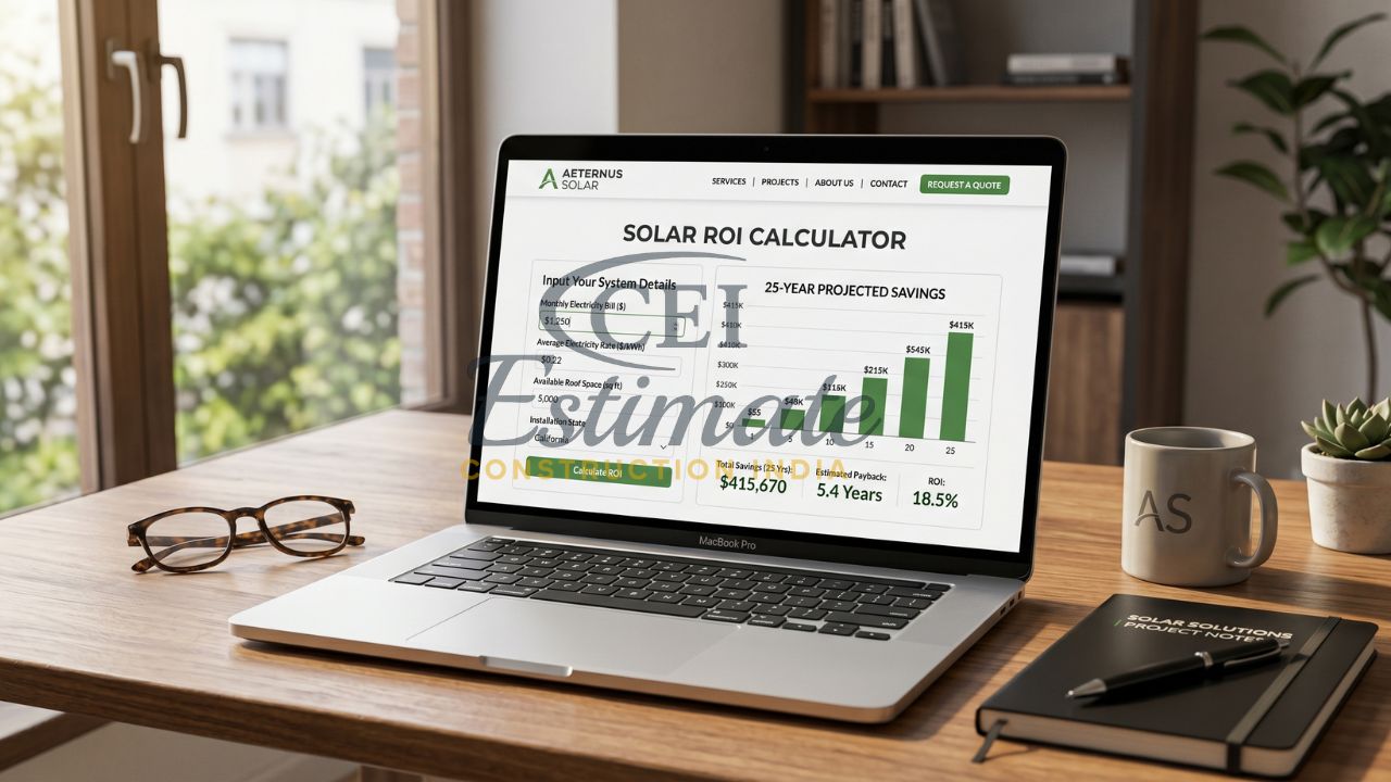 Solar ROI calculator dashboard on laptop showing projected savings, payback period, and energy cost analysis