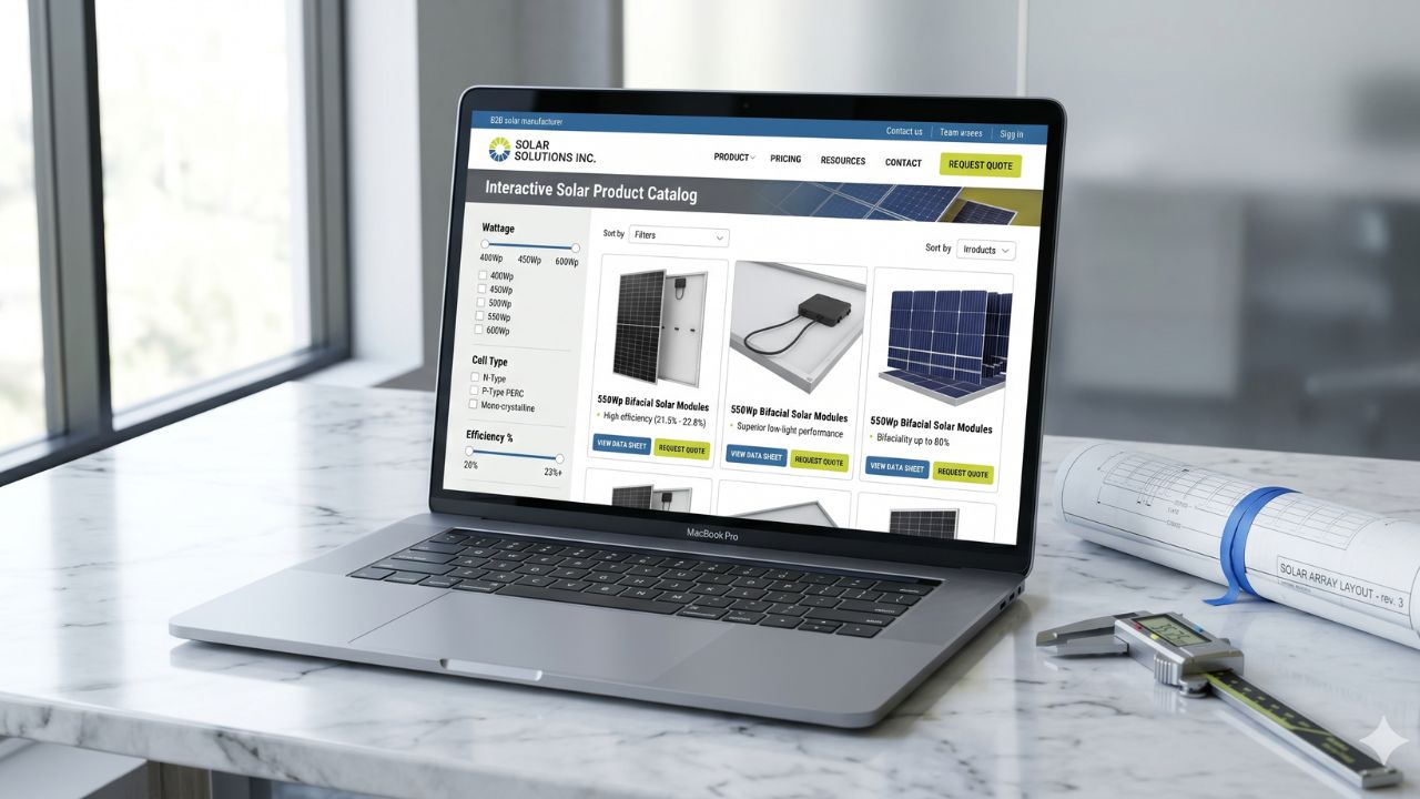 Interactive solar product catalog website showing bifacial solar panels with filters for wattage, efficiency, and cell type