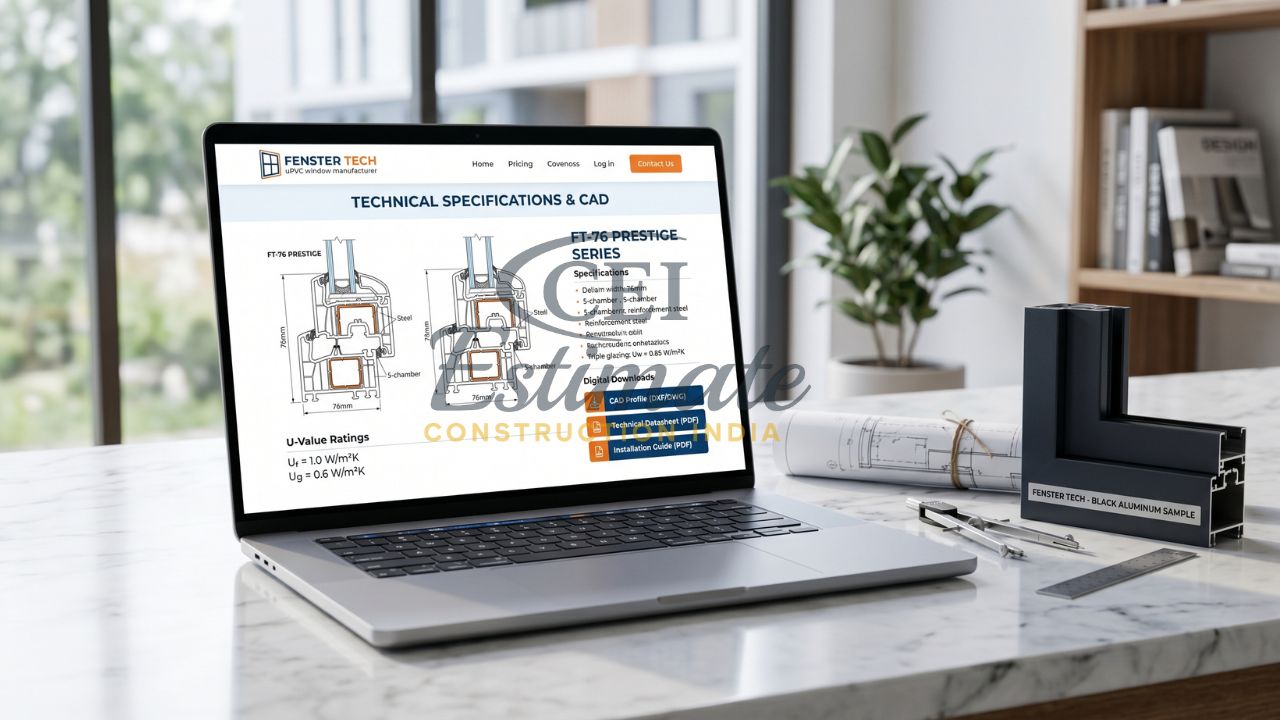 Windows and doors technical specifications website showing CAD drawings, U-value ratings, and downloadable datasheets