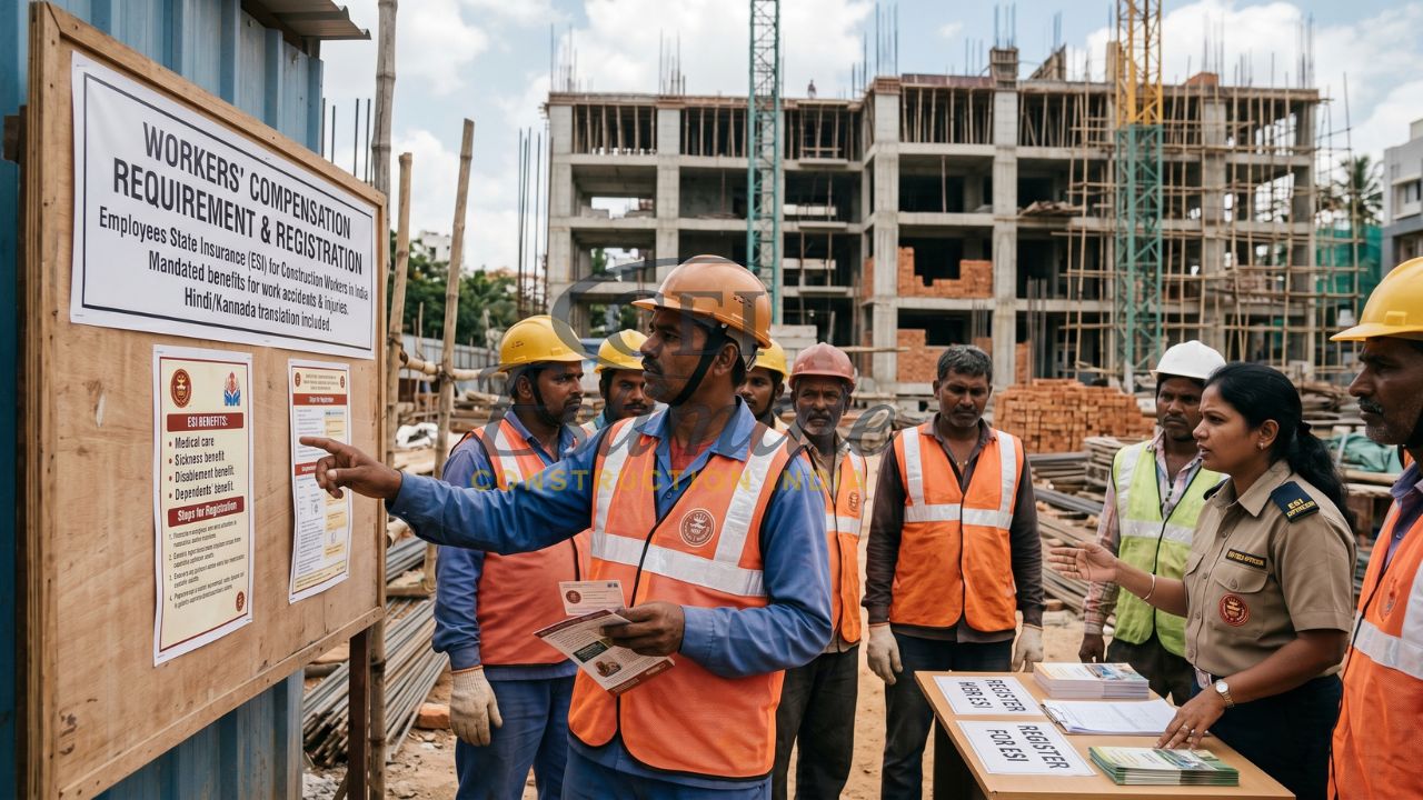 Construction workers attending safety briefing on workers compensation requirements and registration at building site in India