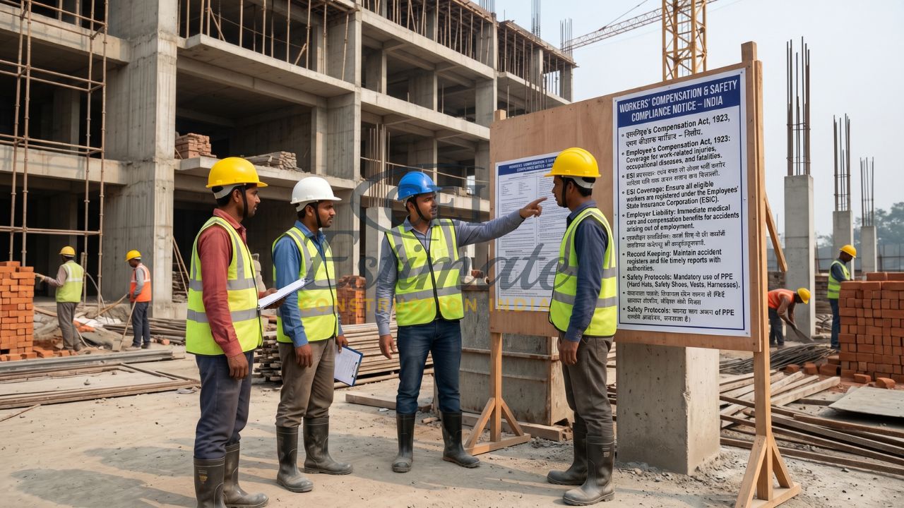 Construction workers and supervisor discussing safety compliance board at building site in India
