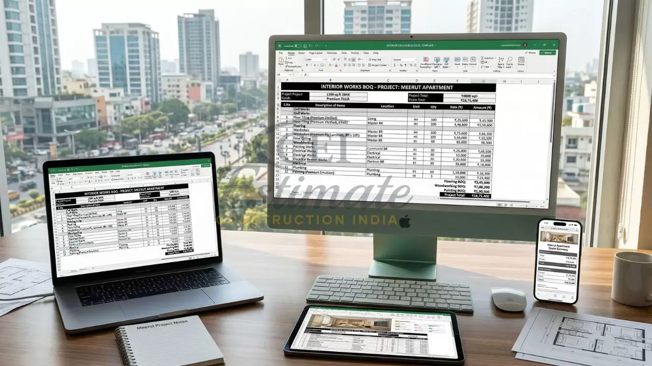 Interior works BOQ Excel templates displayed on desktop, laptop, tablet, and mobile showing project cost estimation for apartment renovation