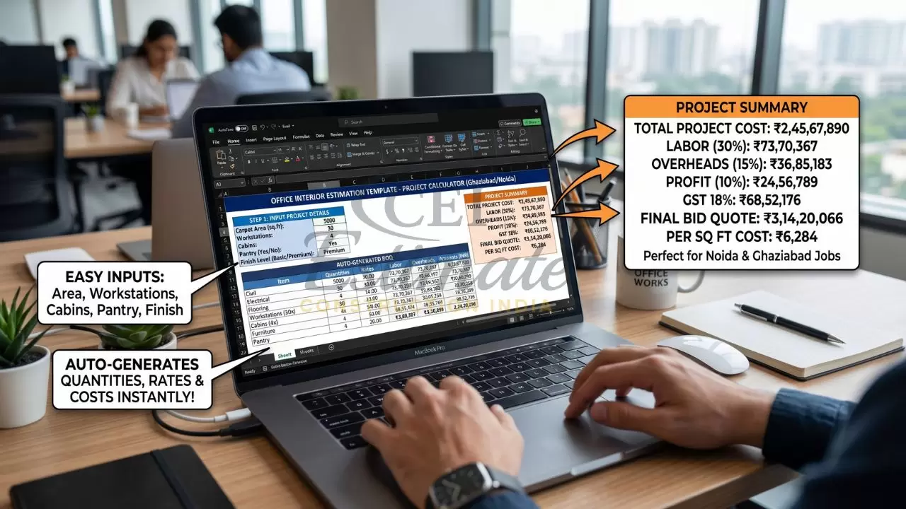 Office interior estimation Excel template showing project calculator, auto-generated quantities, labor cost, overheads, profit, GST, and final bid quote