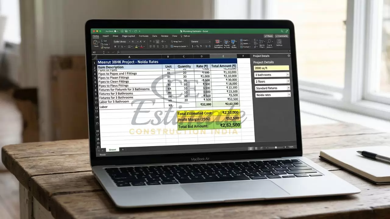 Plumbing cost estimation Excel sheet for 3BHK project in Noida showing BOQ, rates, quantities, and total bid calculation on laptop