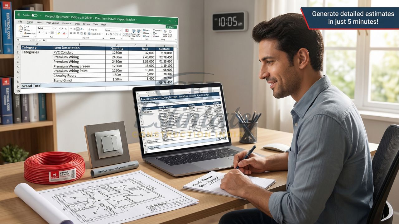 Electrical estimation template for contractors generating project cost in Excel with wiring materials and BOQ