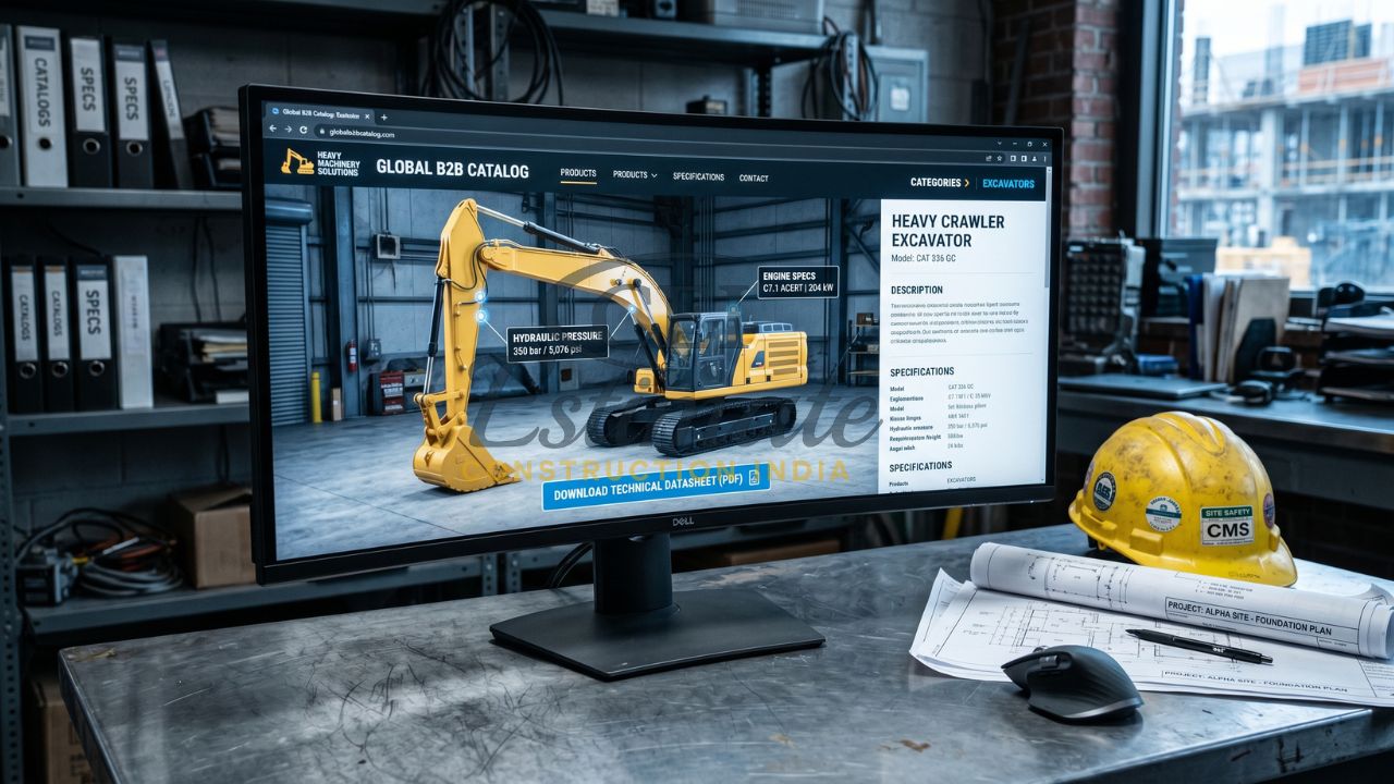 Heavy equipment website design showing excavator product page with specifications and technical datasheet download on desktop screen
