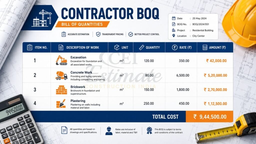 contractor BOQ format showing construction bill of quantities template with excavation concrete brickwork plastering quantity rate and amount columns