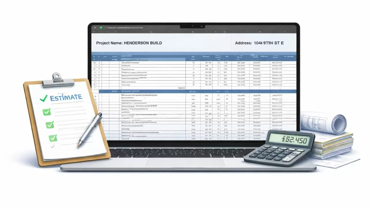 Detailed construction cost estimation spreadsheet on laptop with calculator, checklist, and blueprints for project budgeting