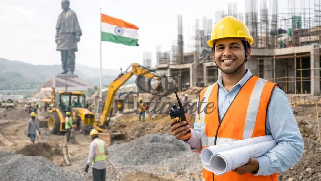 Construction engineer at Indian job site with safety helmet, blueprints, and heavy machinery representing professional construction services