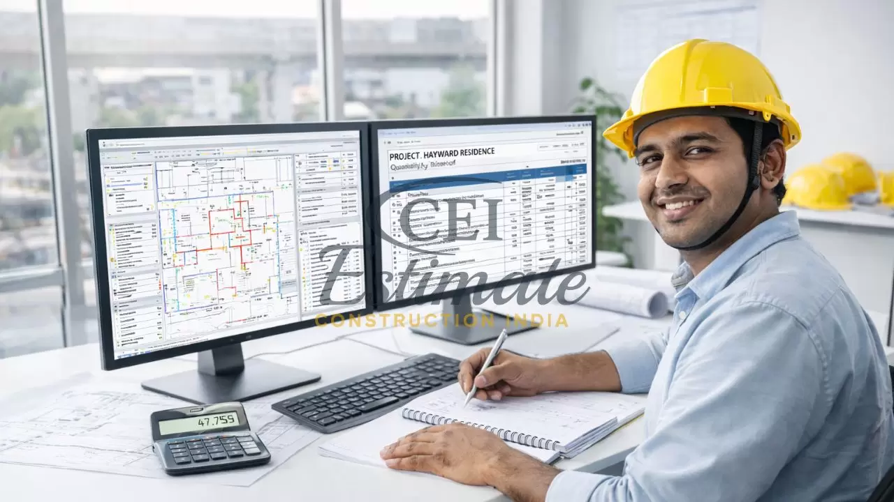 Construction estimator performing quantity takeoffs on building plans using software with calculator and blueprints