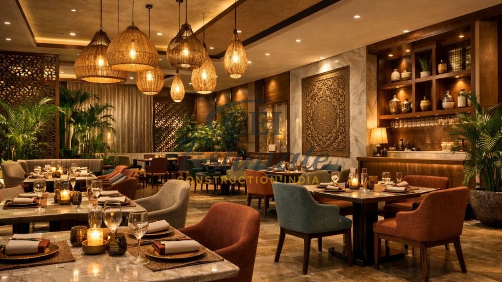 Modern restaurant dining area interior design with warm lighting, wooden décor, and luxury seating