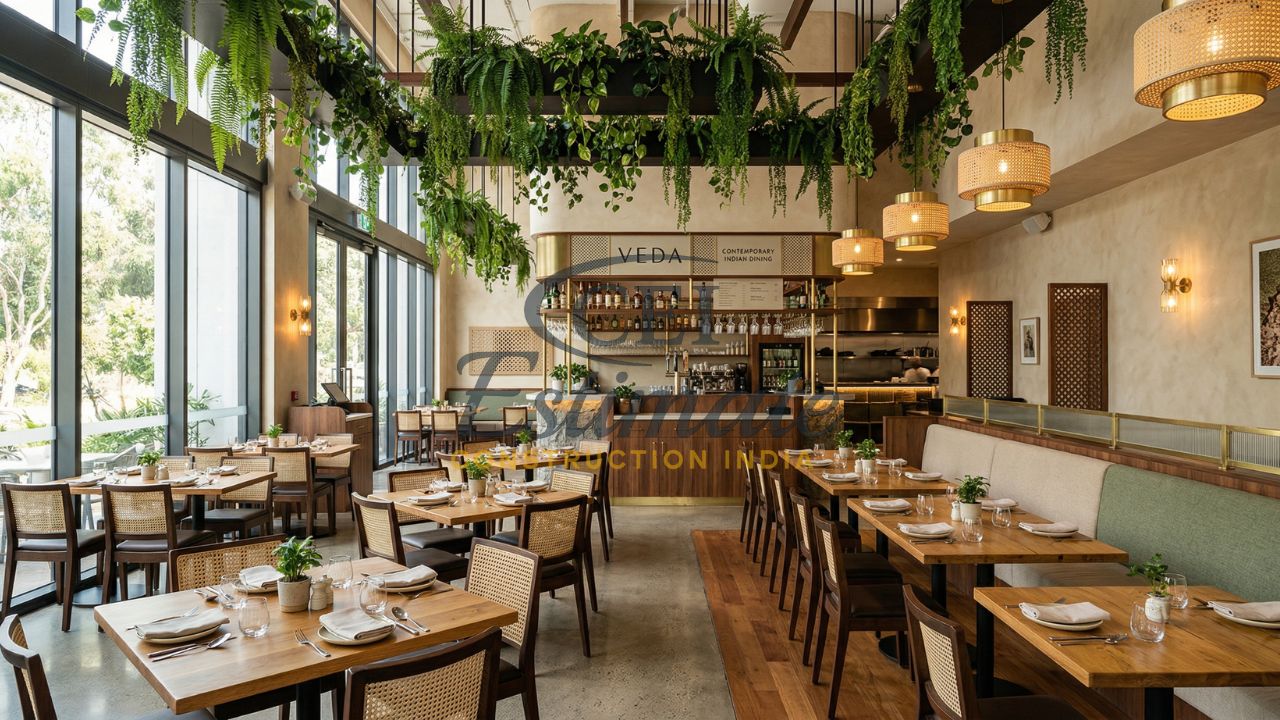 Modern restaurant dining interior with wooden furniture, hanging plants, and natural lighting design