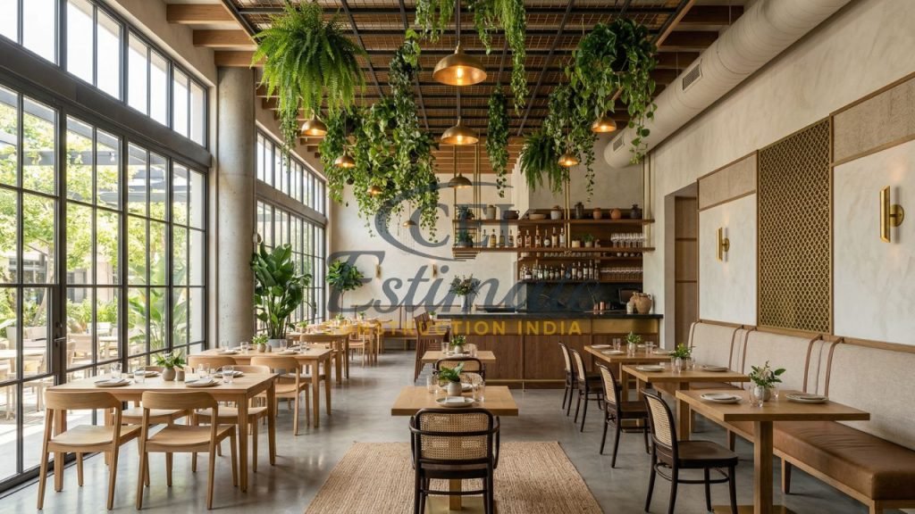 Modern cafe restaurant interior with natural lighting, wooden furniture, and hanging plants design
