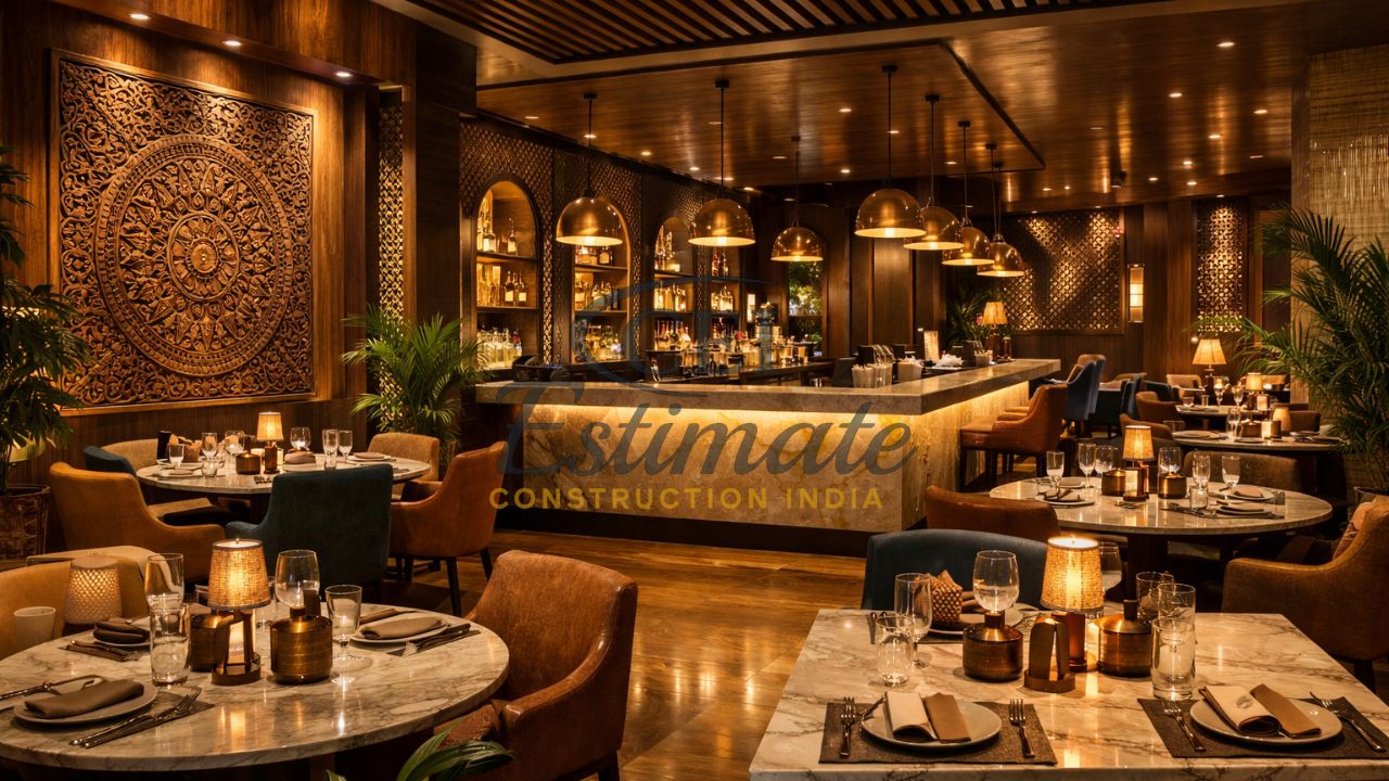 Luxury restaurant interior design with wooden finishes, ambient lighting, and modern dining setup in India