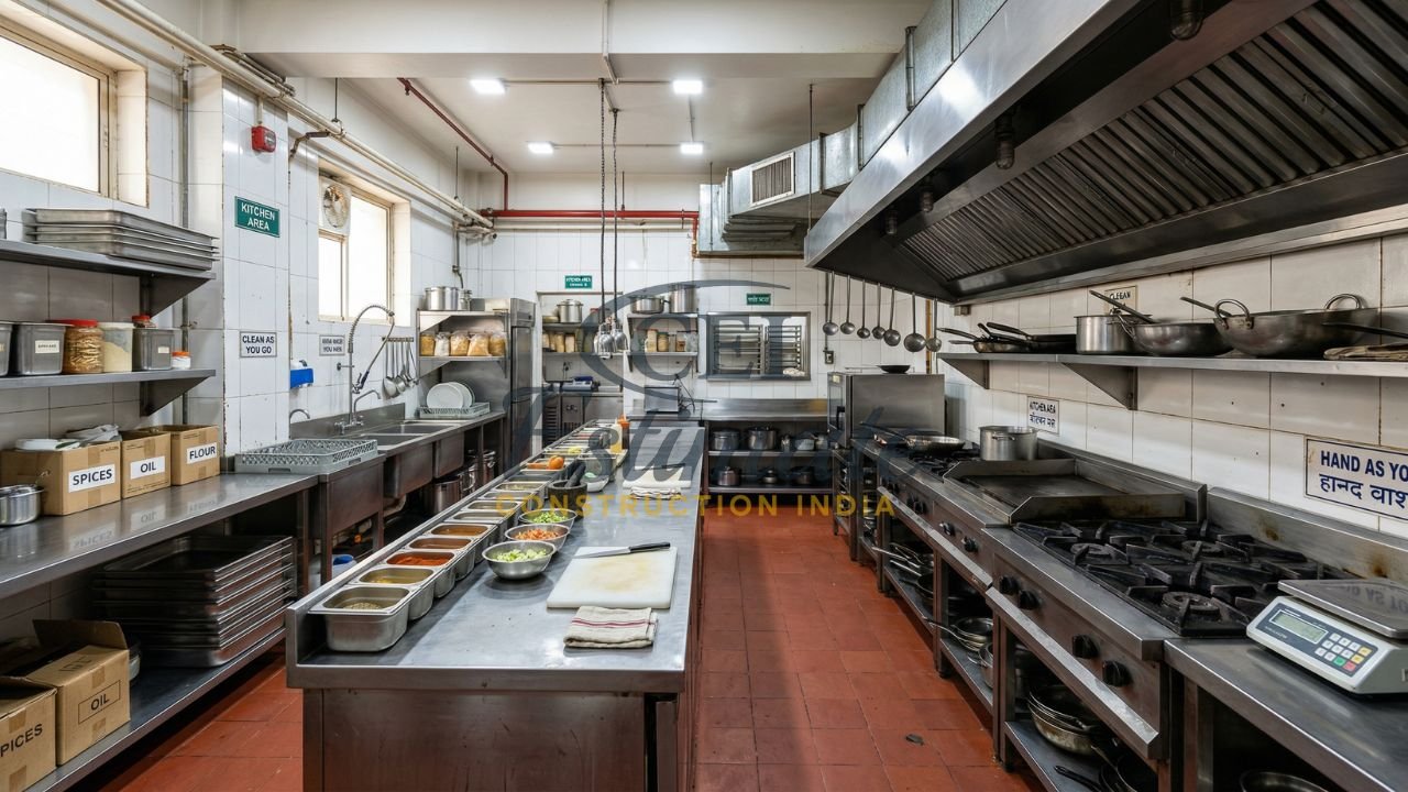 A professional commercial restaurant kitchen layout featuring stainless steel equipment, organized cooking stations, exhaust systems, preparation counters, and storage areas. The design highlights efficiency, hygiene, and optimized workflow, essential for accurate kitchen cost estimation and planning in India.