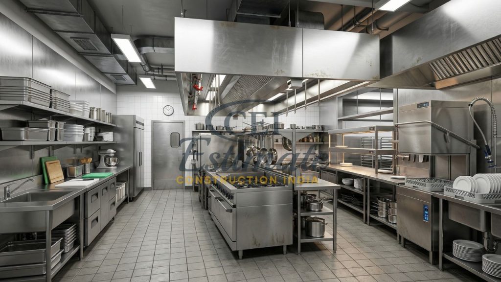 Commercial restaurant kitchen equipment layout with stainless steel setup and efficient workflow design
