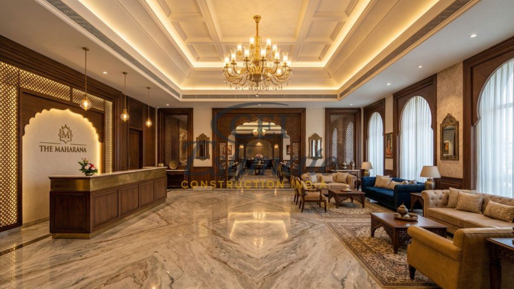 Luxury restaurant lobby interior with reception desk, chandelier lighting, marble flooring, and elegant seating area