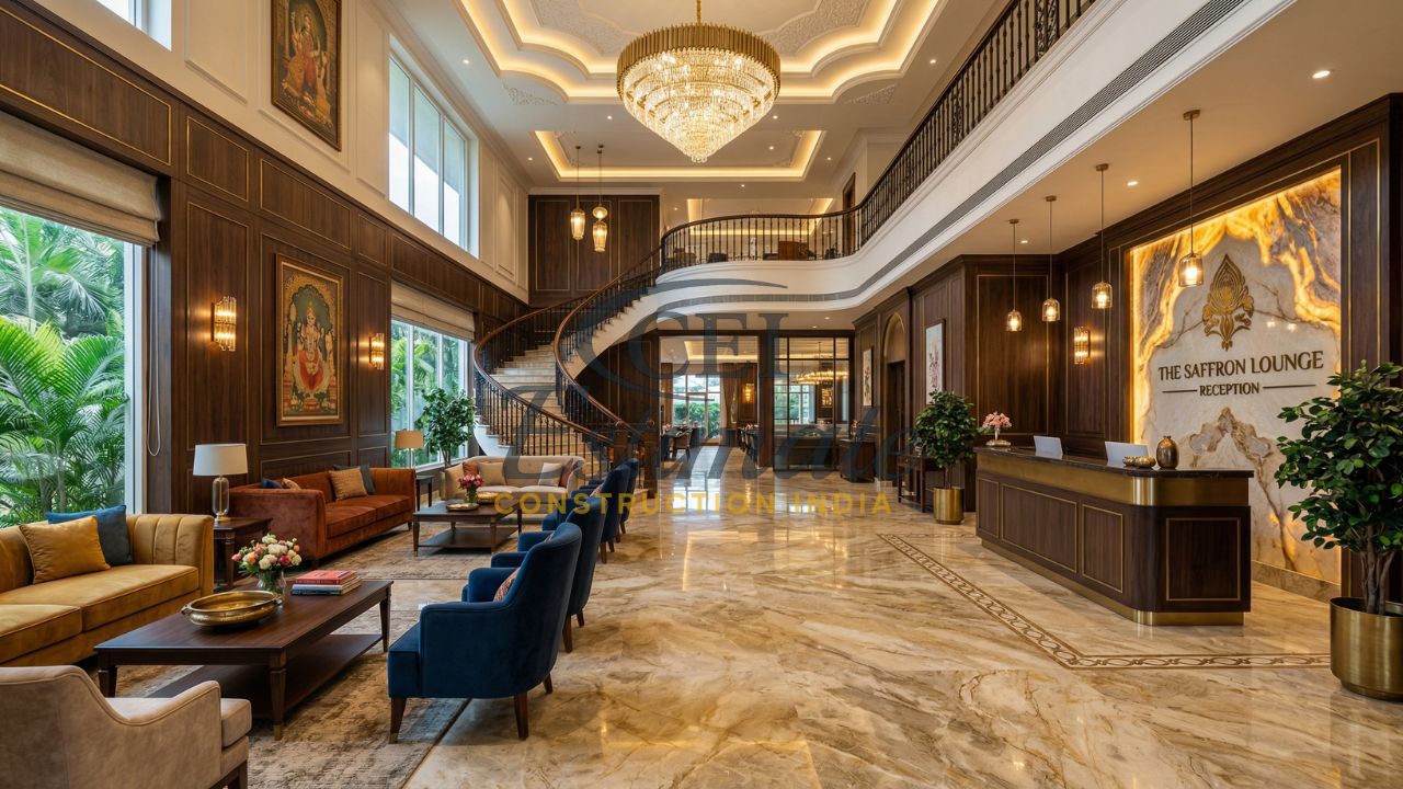Luxury restaurant waiting lounge with grand staircase, chandelier lighting, marble flooring, and reception desk