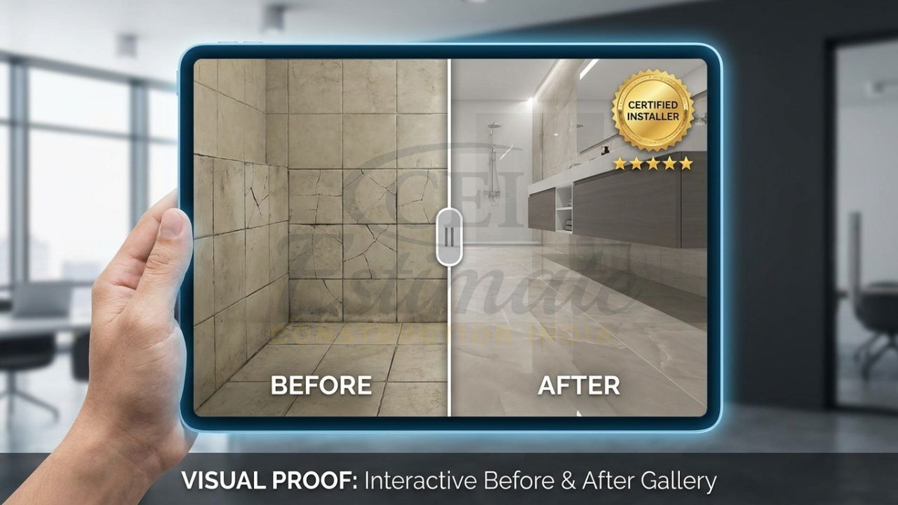 Before and after gallery on a tile contractor website showing floor transformation.