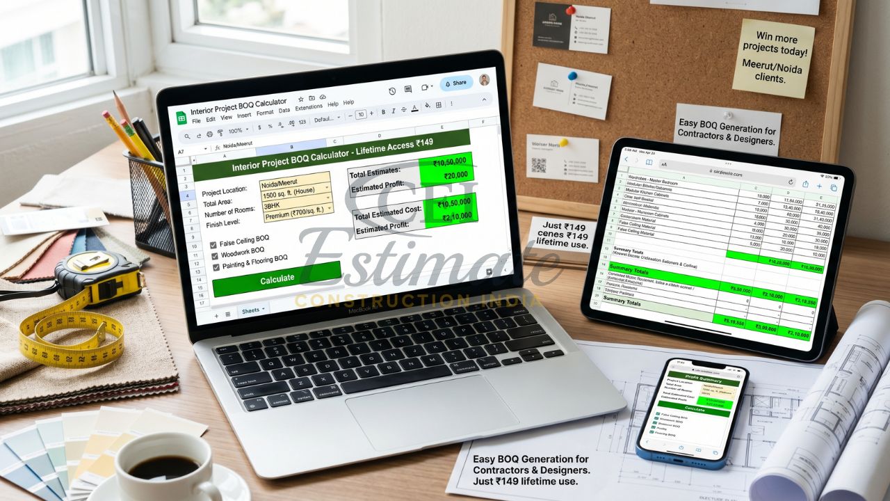 इंटीरियर प्रोजेक्ट BOQ कैलकुलेटर एक्सेल टेम्पलेट जिसमें ऑटोमेटेड कॉस्ट, प्रॉफिट और ₹149 लाइफटाइम एक्सेस ऑफर दिखाया गया है