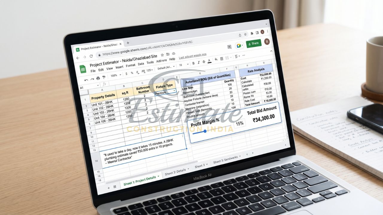 प्रोजेक्ट एस्टीमेटर एक्सेल शीट जिसमें BOQ, रेट एनालिसिस, प्रॉफिट मार्जिन और कुल बिड अमाउंट ₹34,300 दिखाया गया है